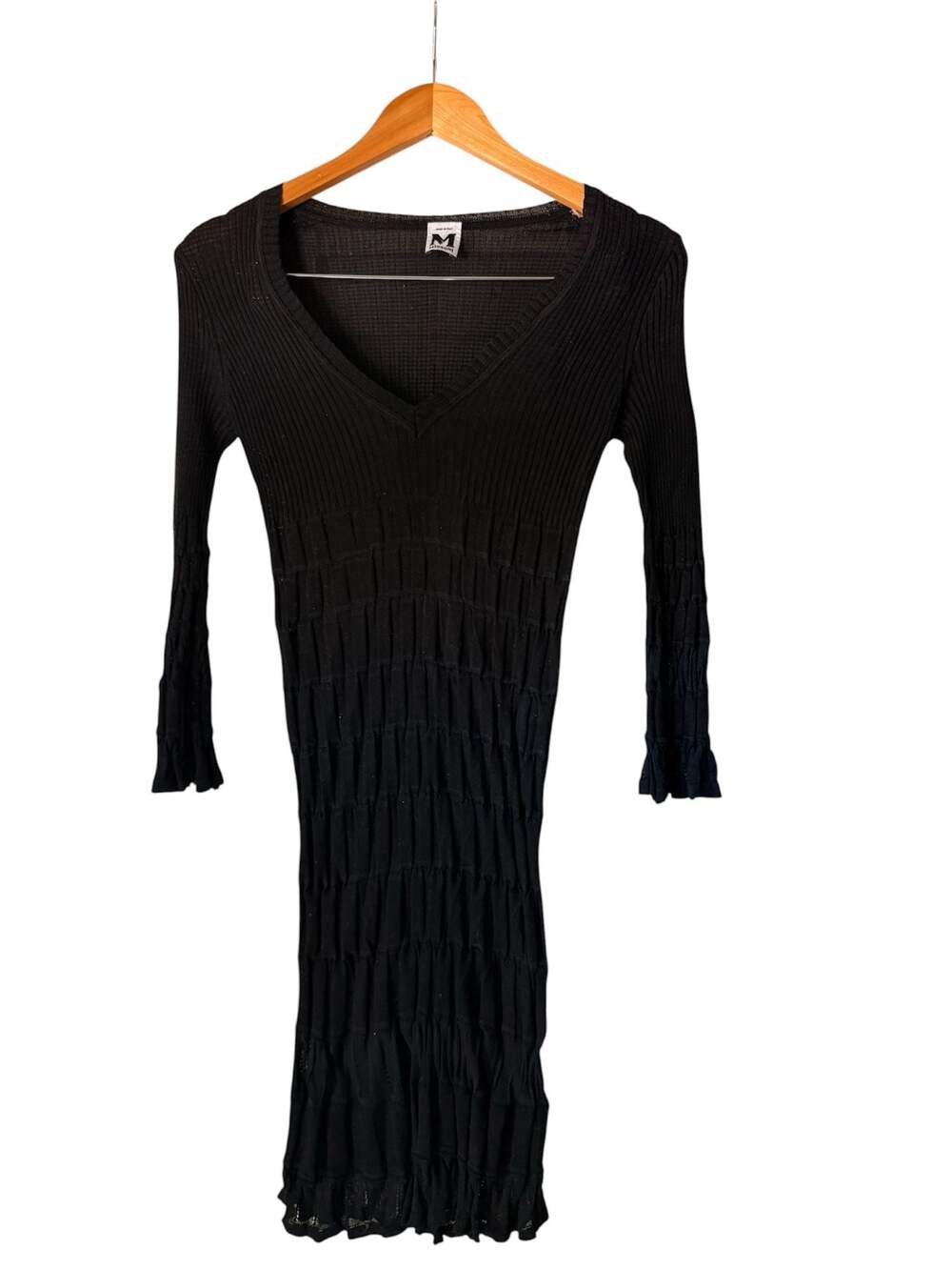 M Missoni Black Ribbed Knit V-Neck Long Sleeve Midi Dress